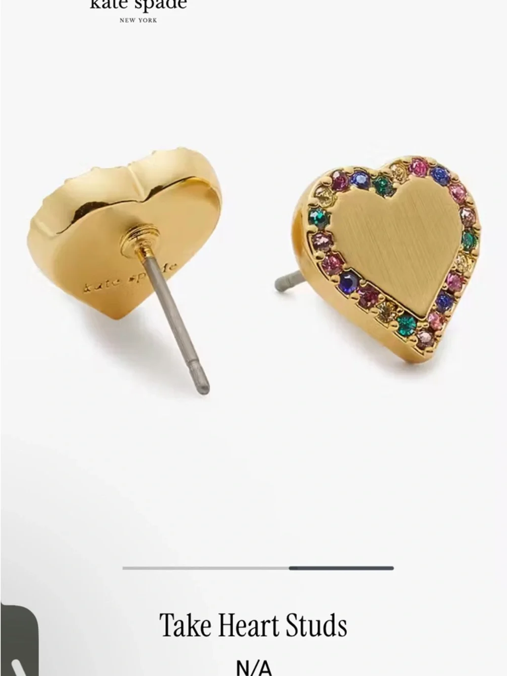 NWT Kate Spade Gold Rainbow Heart Stud Earrings with Multicolor Crystal Accents